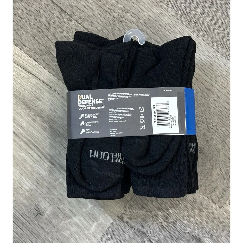 Fruit of the Loom Youth Dual Defense 9 Pairs of Crew Socks  - BLACK Open Package